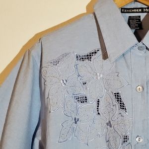 L Vintage 90's Light Denim Cutout Embroidered Button Top